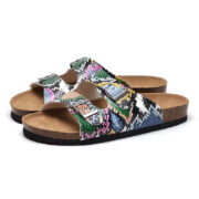 Multicolor Textured Double Buckle PU Upper Cork Footbed Sandals