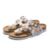 Geometric Print Double Buckle Toe Post PU Upper Rubber Outsole Sandals