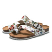 Botanical Print Buckle Toe Loop PU Upper Rubber Outsole Sandals