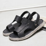 Textured Genuine Leather Cutout Back Strap Leather Upper Rubber Outsole Sandals