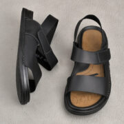Hook-and-Loop Wide Strap Back Strap Leather Upper Rubber Outsole Sandals - 图片 5