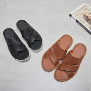 Textured Genuine Leather Cross Wide Strap Leather Upper Rubber Outsole Sandals - 图片 5