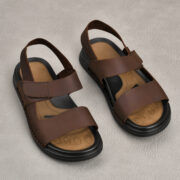 Hook-and-Loop Wide Strap Back Strap Leather Upper Rubber Outsole Sandals - 图片 4