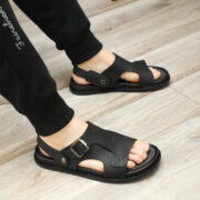 Buckle Cutout Wide Upper Back Strap Leather Upper Rubber Outsole Sandals - 图片 3