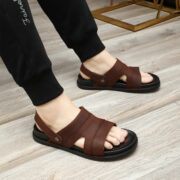 Layered Wide Strap Cutout Back Strap Leather Upper Rubber Outsole Sandals - 图片 4