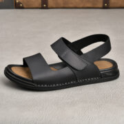 Hook-and-Loop Wide Strap Back Strap Leather Upper Rubber Outsole Sandals - 图片 3