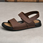 Hook-and-Loop Wide Strap Back Strap Leather Upper Rubber Outsole Sandals - 图片 2